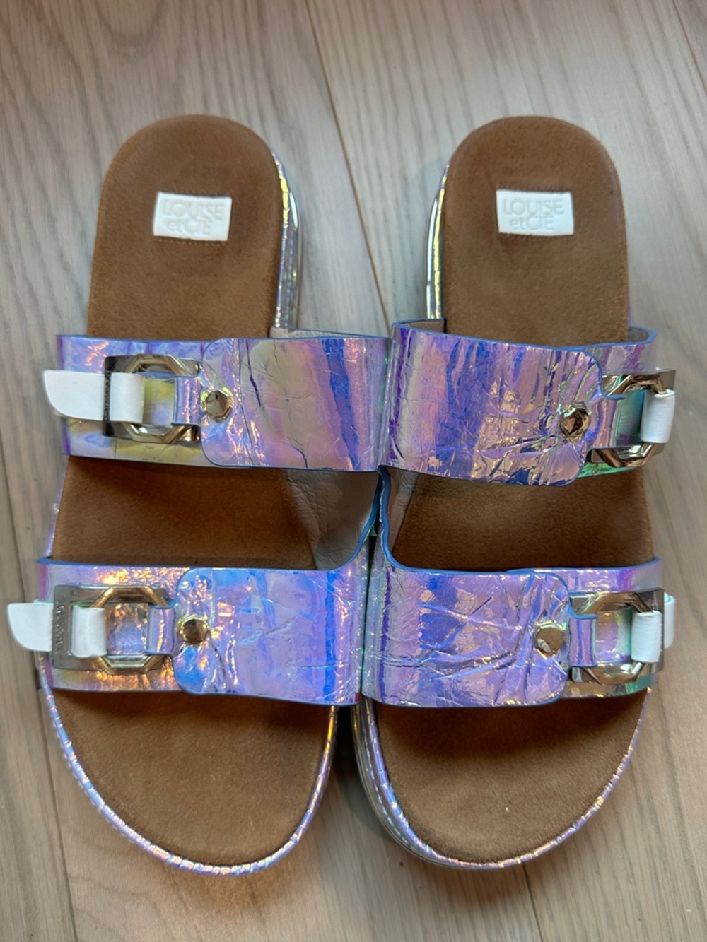 Louise et Cie Holographic Iridescent Leather Slide Sandals